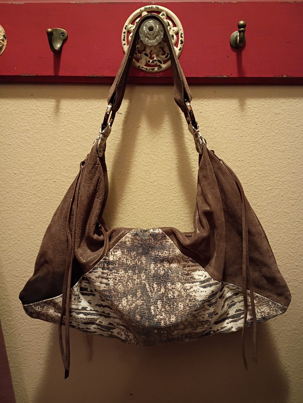 HOBO Brown Suede Shoulder Bag with Snake-Print Panel